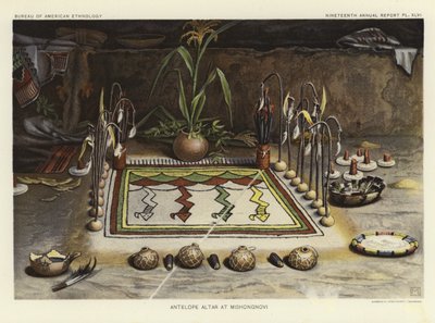 Antilopenaltaar in Mishongnovi (kleurenlitho) door American School