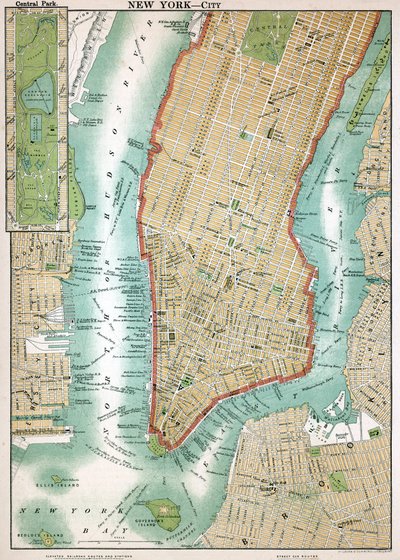 Antieke kaart van Lower Manhattan en Central Park door American School