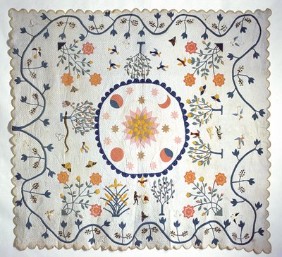 Applicatie quilt met Zon, Maan, Sterren en de Hof van Eden, uit Arkansas door American School