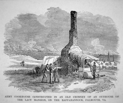 Legerkeuken gebouwd in een oude schoorsteen van een bijgebouw van het Lacy herenhuis, aan de Rappahannock, Falmouth, Virginia (gravure) door American School