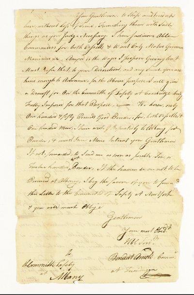 Arnold Benedict (1741-1801) Generaal, Continentale Leger, Verrader. Handtekening brief ondertekend ("Benedict Arnold Commr. bij Ticonderoga") aan het Comité van Veiligheid in Albany, Ticonderoga, 22 mei 1775 door American School