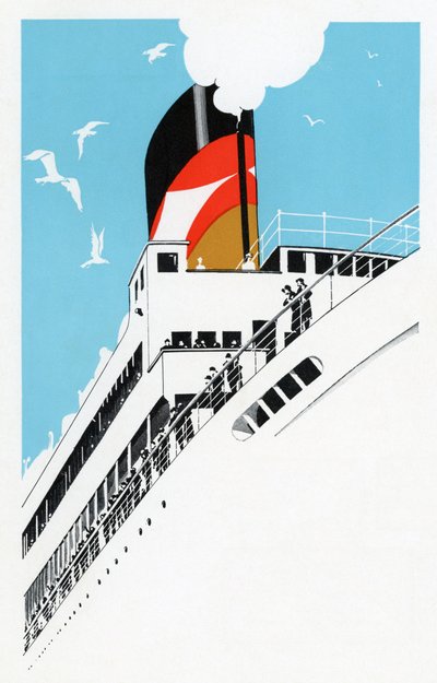 Art Deco 1920s Illustratie van een Cruiseschip met Passagiers door American School