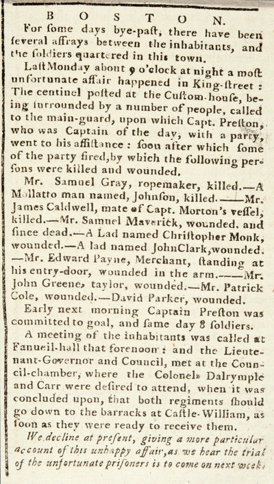 Artikel uit de Boston Chronicle met details over het Boston Bloedbad, 5 maart 1770 (krantenartikel) door American School