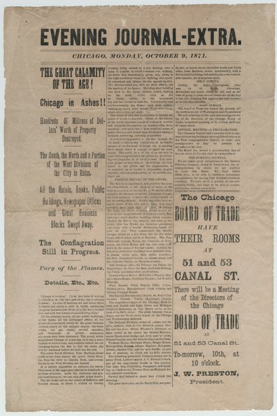 Artikel uit de Chicago Evening Journal-Extra over de brand van Chicago in 1871, 9 oktober 1871 (krantenartikel) door American School