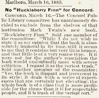 Artikel in de Boston Daily Globe over het verbod op Huckleberry Finn in Concord, Massachusetts, van 16 maart 1885 (krantenartikel) door American School