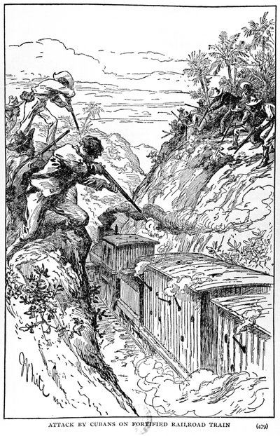 Aanval door Cubanen op versterkte trein, illustratie uit The Story of Cuba door Murat Halstead, gepubliceerd 1898 door American School