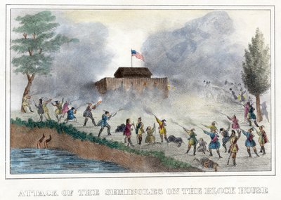 Aanval van de Seminoles op het Blokhuis, uitgegeven 1836 (handgekleurde gravure) door American School