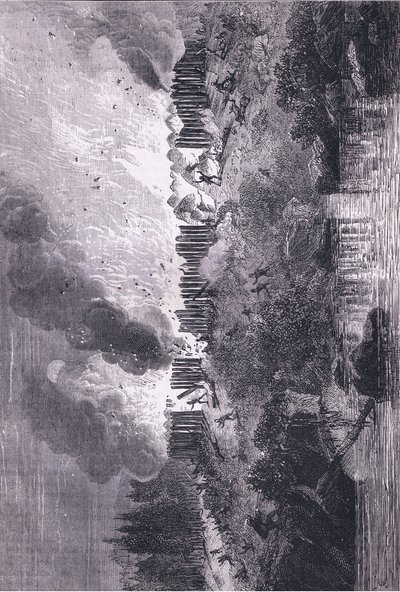 Aanval op het Pequot Fort, illustratie uit Cassell