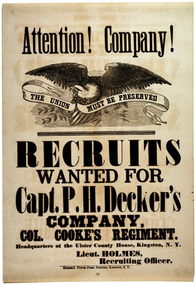 Attentie! Compagnie!, wervingsaffiche voor de 156e Infanterie van New York, 1862 door American School