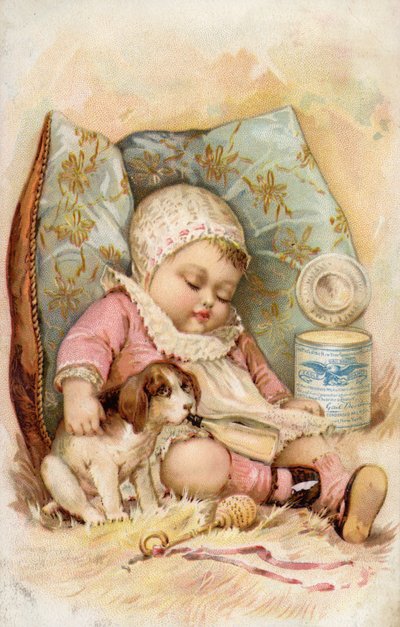 Baby met puppy drinkend uit fles, advertentie voor geconserveerde melk door American School