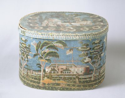 Doos bedekt met blokgedrukt papier met uitzicht op kasteel, c.1835 door American School