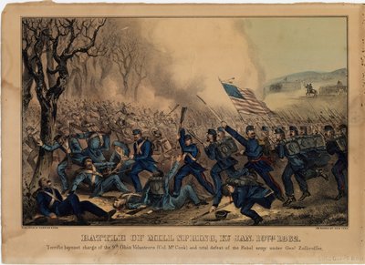 Slag bij Mill Spring, Ky. 19 januari 1862, uitgegeven door Currier & Ives, ca. 1862 door American School