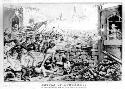 Slag bij Monterey: De Amerikanen banen zich een weg naar het hoofdplein, 23 september 1846, gegraveerd en uitgegeven door Nathanial Currier (1813-88) door American School