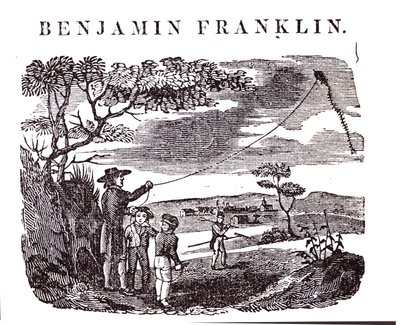 Benjamin Franklin (1706-90) voert zijn vliegerexperiment uit door American School