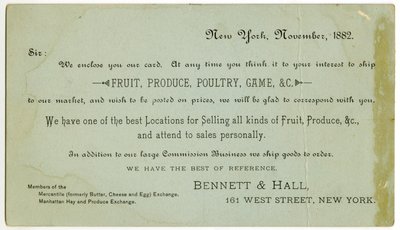 Bennett & Hall handelskaart [verso], 1882 door American School
