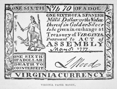 Rekening voor een zesde van een dollar, Virginia papiergeld van 1777 door American School