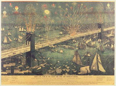 Vogelvlucht van de Grote New York en Brooklyn Bridge en het Grote Vuurwerk op de openingsavond in 1883 door American School
