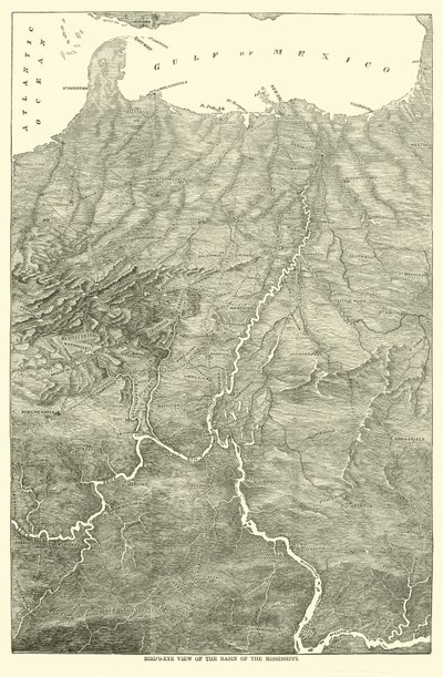 Vogelvlucht van het bekken van de Mississippi, 1862 door American School