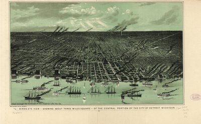 Vogelvluchtweergave van ongeveer drie vierkante mijl van het centrale deel van de stad Detroit, Michigan, ca. 1889 door American School