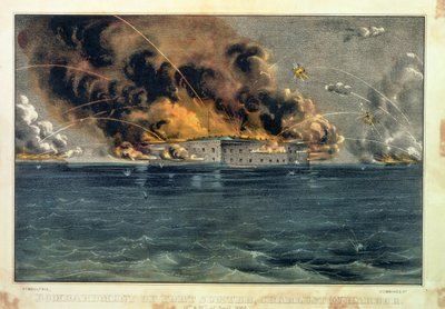 Bombardement van Fort Sumter, Charleston Harbour, 12 en 13 april 1861, uitgegeven door Currier en Ives door American School