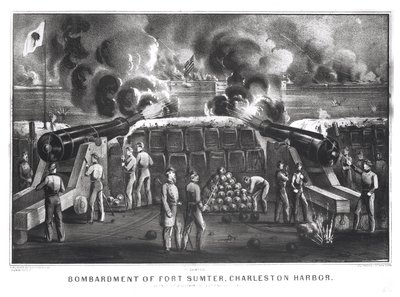 Bombardement van Fort Sumter, Charleston Haven vanuit Fort Moultrie, 12 en 13 april 1861, gepubliceerd door Currier en Ives door American School