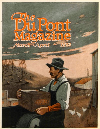Boormachines en Explosieven Tweelinghelpers, vooromslag van het DuPont Magazine, maart-april 1922 door American School