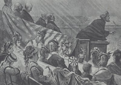 Brigham Young bekeken door zijn vele jonge vrouwen terwijl hij predikt in de Grote Mormoonse Tabernakel, Utah door American School