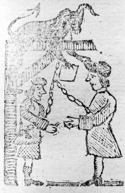 Britse ambtenaren doen het werk van de duivel, illustratie uit de Boston Gazette door American School