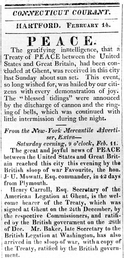 Pamflet waarin vrede tussen de VS en Groot-Brittannië na de oorlog van 1812 wordt aangekondigd, gedrukt in de Connecticut Courant, 1815 door American School
