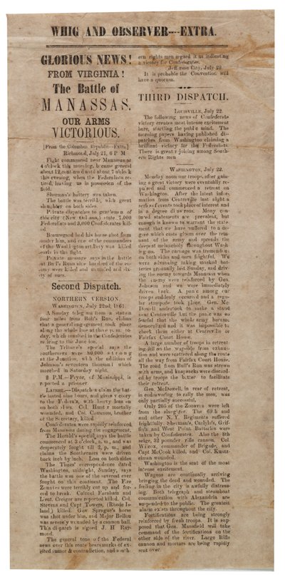 Affiche aankondiging van de Eerste Slag bij Manassas, Whig en Observer Extra, na 22 juli 1861 door American School