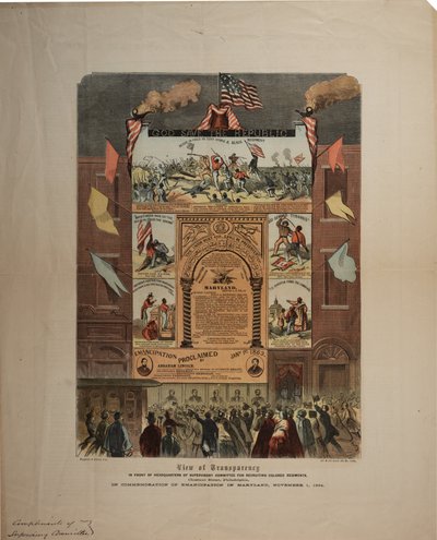 Affiche over de werving van Afro-Amerikanen en het vieren van de emancipatie in Maryland, Ringwalt & Brown, ca. 1 november 1864 door American School