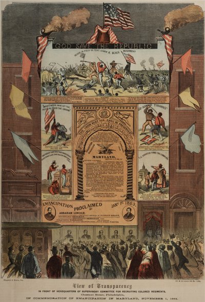 Affiche over de werving van Afro-Amerikanen en het vieren van de emancipatie in Maryland, Ringwalt & Brown, ca. 1 november 1864 door American School