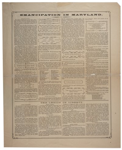 Affiche over de werving van Afro-Amerikanen en het vieren van de emancipatie in Maryland, Ringwalt & Brown, ca. 1 november 1864 door American School