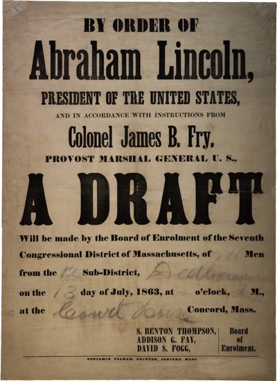 Op bevel van Abraham Lincoln... Een loting (loting voor 110 mannen, Dedham, Mass.), 13 juli 1863 door American School