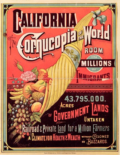 Californië, Hoorn des Overvloeds van de Wereld, gepubliceerd door Rand McNally & Co., ca. 1870 door American School