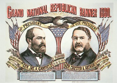 Campagneposter voor presidentskandidaat James A. Garfield (1831-81) en running mate, Chester A. Arthur (1829-86) 1880 (kleur litho) door American School