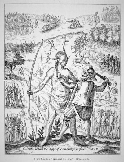 Kapitein John Smith (1580-1631) die een Indiaanse hoofdman vangt in 1608, uit Smith