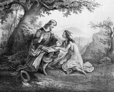 Kapitein John Smith (1580-1631) leert Pocahontas (c.1595-1617) lezen door American School