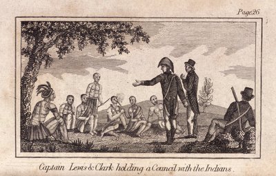 Kapitein Lewis & Clarke houden een raad met de Indianen, uitgegeven 1812 (gravure) door American School