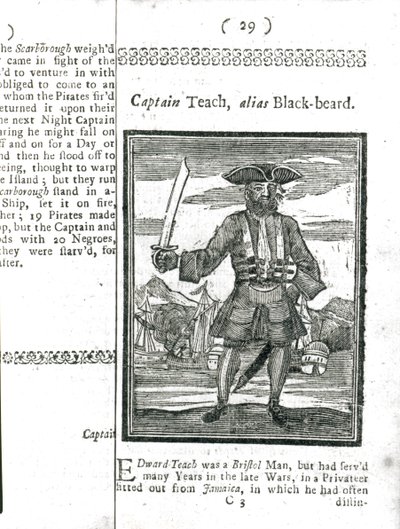 Kapitein Teach, alias Zwartbaard, uit Geschiedenis en levens van alle beruchtste piraten en hun bemanningen, Londen, 1725 door American School