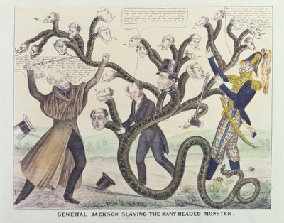 Karikatuur van generaal Jackson die het veelkoppige monster doodt, gepubliceerd door H.R. Robinson, c.1836 door American School