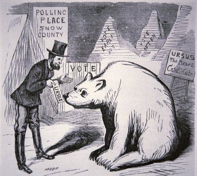Cartoon die een Amerikaanse politicus toont die probeert kiezers te vinden in onbewoond Alaska door American School