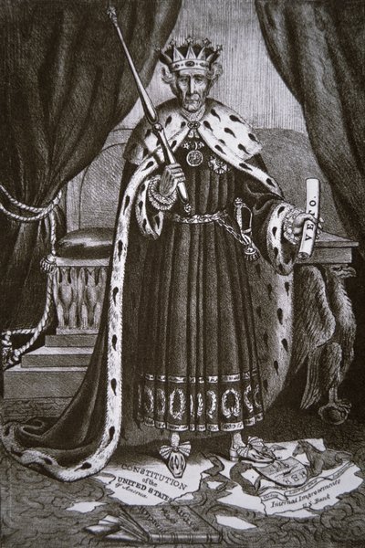 Cartoon die generaal Andrew Jackson afbeeldt als 