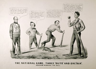 Cartoon met Abraham Lincoln (1809-65) die de bal wint tegen zijn tegenstanders Douglas, Bell en Breckenridge in de presidentsverkiezingen van 1860, 1860 door American School