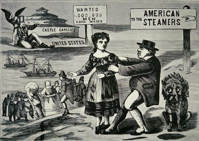 Cartoon die John Bull toont die probeert de toenemende stroom van arbeiders naar de VS te stoppen, ca. 1850 door American School