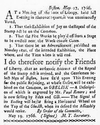 Viering van de intrekking van de Zegelwet, uit de Boston Gazette, 19 mei 1766 door American School