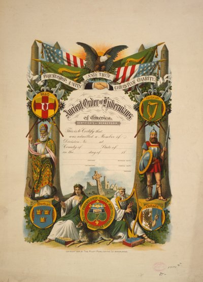 Lidmaatschapsbewijs van de Ancient Order of Hibernians of America, ca. 1894 (kleur lithografie) door American School