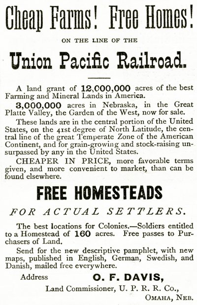 Goedkope Boerderijen en Gratis Huizen langs de Union Pacific Railroad lijn, advertentie uit Appletons Journal, 4 mei 1872 door American School