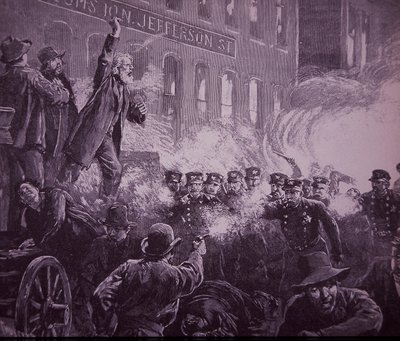 Chicago Haymarket Arbeidersoproer van 1886, gravure gepubliceerd in Harper