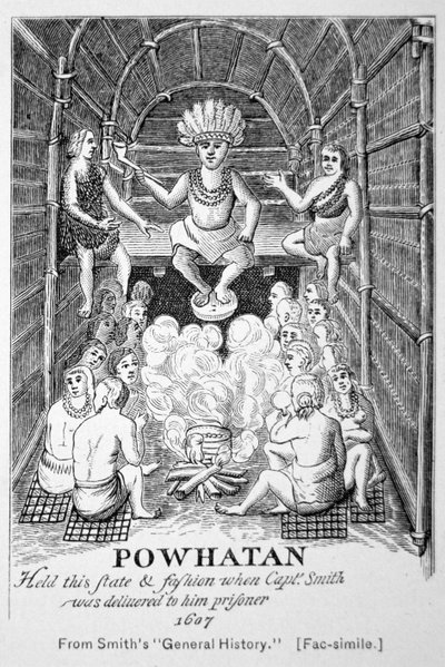 Hoofd Powhatan zoals hij verscheen in 1607, uit Smith